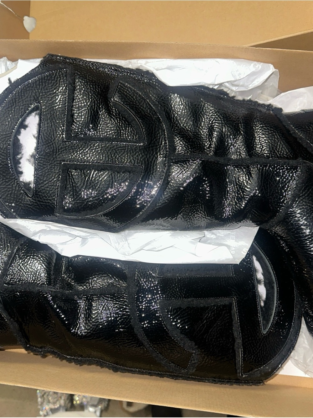 UGG/Telfar Black Patent Leather Boots